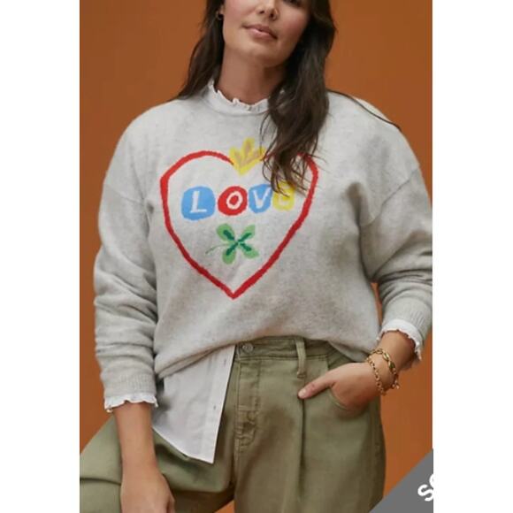 ANTHROPOLOGIE x NATHALIE LETE Love 100% Cashmere Apple Sweater Gray Size Medium - Picture 1 of 7